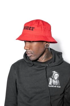 Sinner - Red Bucket Hat -Layered Shop BCC Oct302021 Braxton 134